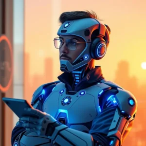 Futuristic cyborg using smartphone during sunset.