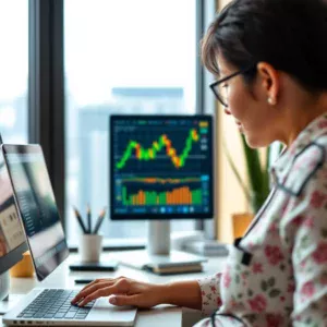 Person analyzing stock market on computer screens.