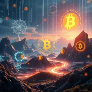 A digital landscape merging AI and cryptocurrency symbols.