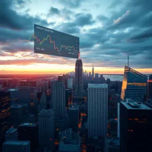 A scenic financial skyline with digital market indicators symbolizing risk and portfolio impact.