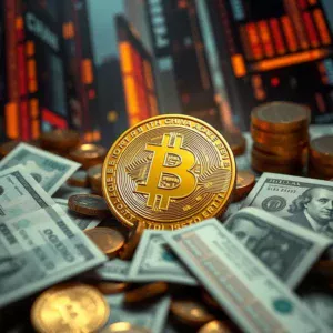 A golden Bitcoin surrounded by traditional currencies in a digital landscape.