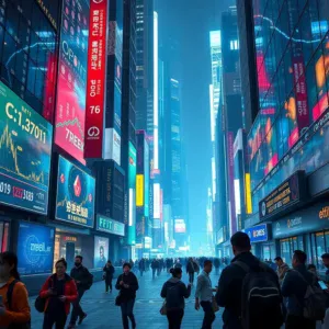 A bustling DeFi ecosystem in a futuristic city with digital transactions.