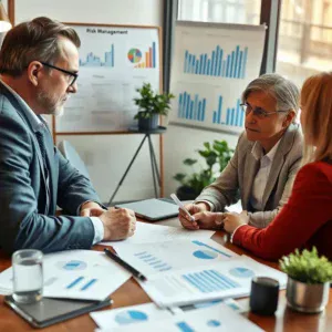 Financial advisor with clients reviewing risk management strategies and charts.