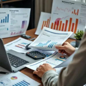 A person surrounded by financial documents, a laptop, and charts representing personal finance risks.