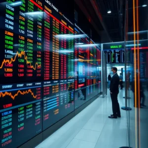 Person viewing stock market data on digital screens.