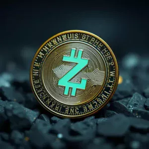 Digital coin with a green symbol on rocks.