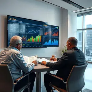 Investors analyzing Solana data in a modern office environment.